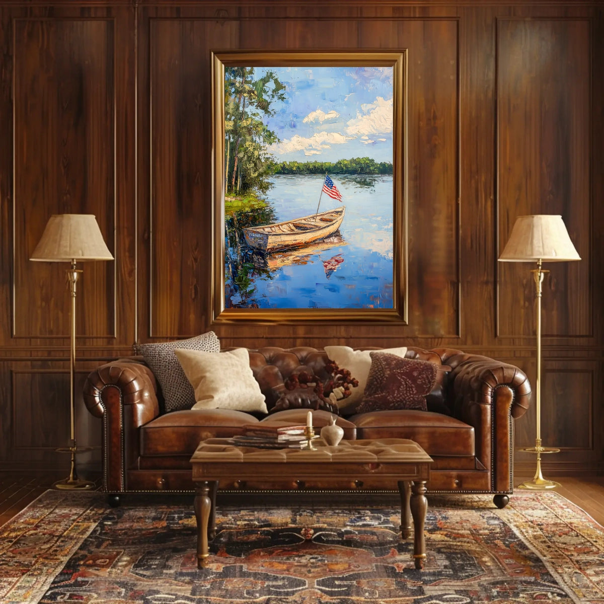 Tranquil Boat On A Calm Lake With American Flag Poster