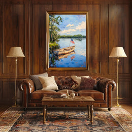 Tranquil Boat On A Calm Lake With American Flag Poster