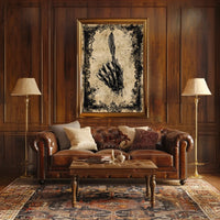 The poster features a skeletal hand gripping a quill pen, creating a strong Travel Poster