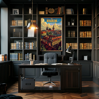 Evening Skyline Krakow Poland Travel Poster