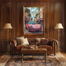 Vintage Car in Vibrant Cityscape Art Poster Print PosterGoat