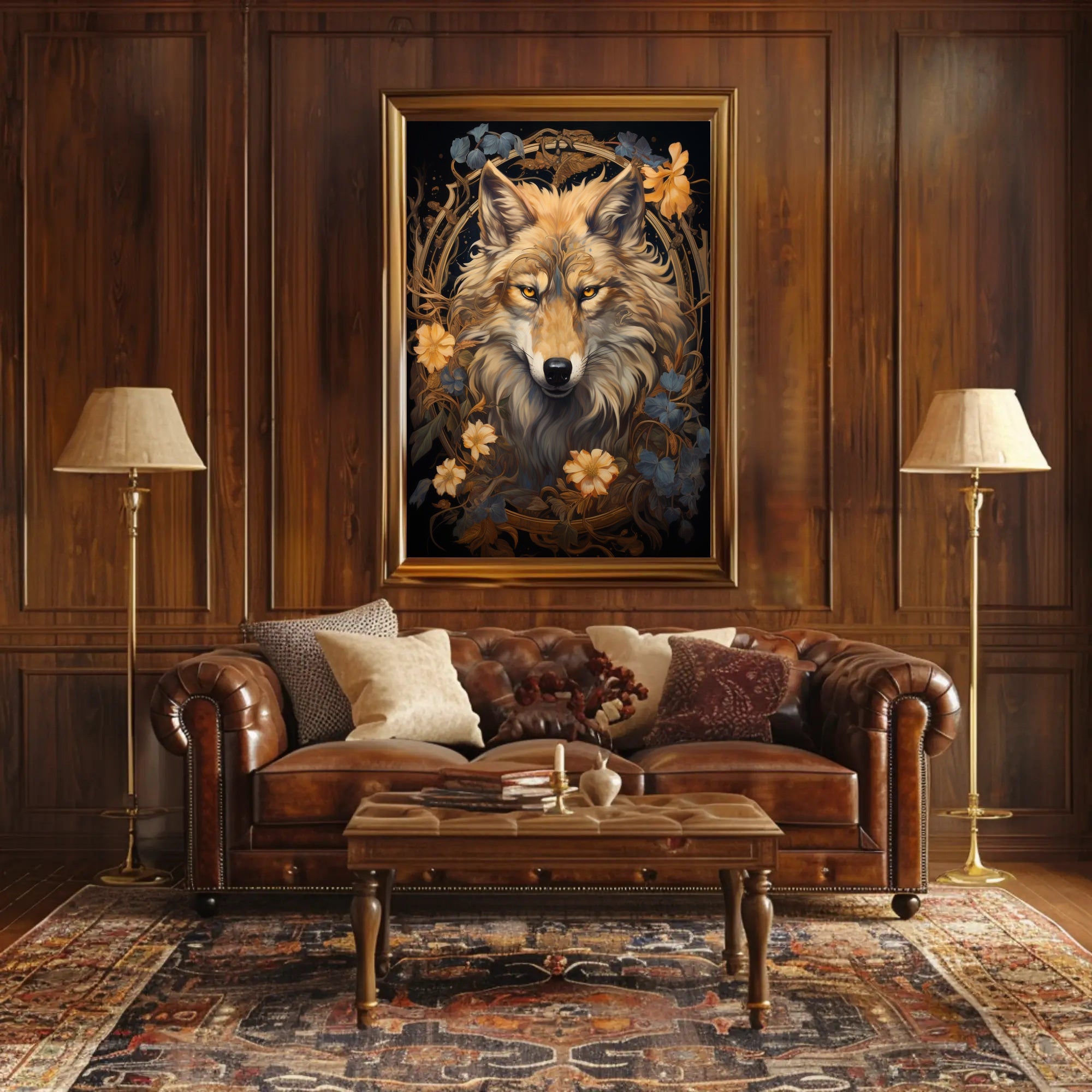 Majestic Wolf In Floral Frame Poster PosterGoat