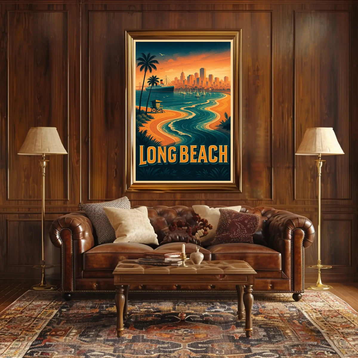 Long Beach Coastal Scene Retro Style Palm Trees City Skyline Poster