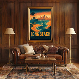 Long Beach Coastal Scene Retro Style Palm Trees City Skyline Poster