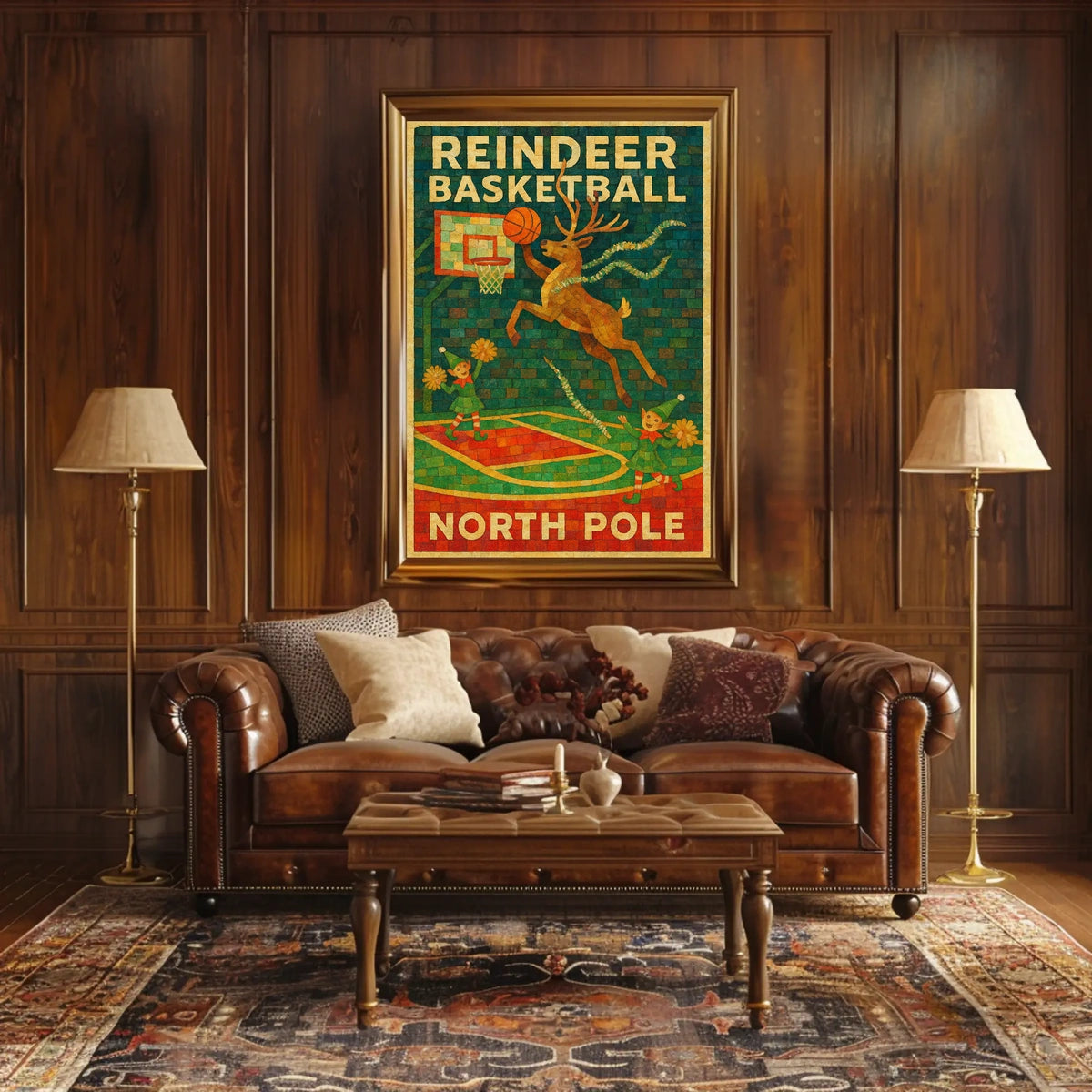 Reindeer Basketball at the North Pole Poster