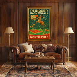 Reindeer Basketball at the North Pole Poster