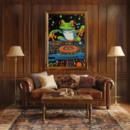 The poster is a vibrant and psychedelic illustration featuring a large, cartoonish frog Travel Poster