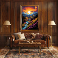 Sunset Over Mountain Stream Poster