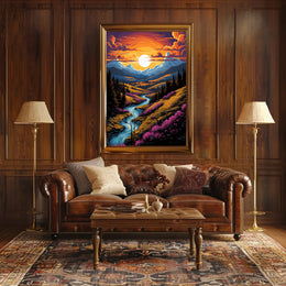 Sunset Over Mountain Stream Poster