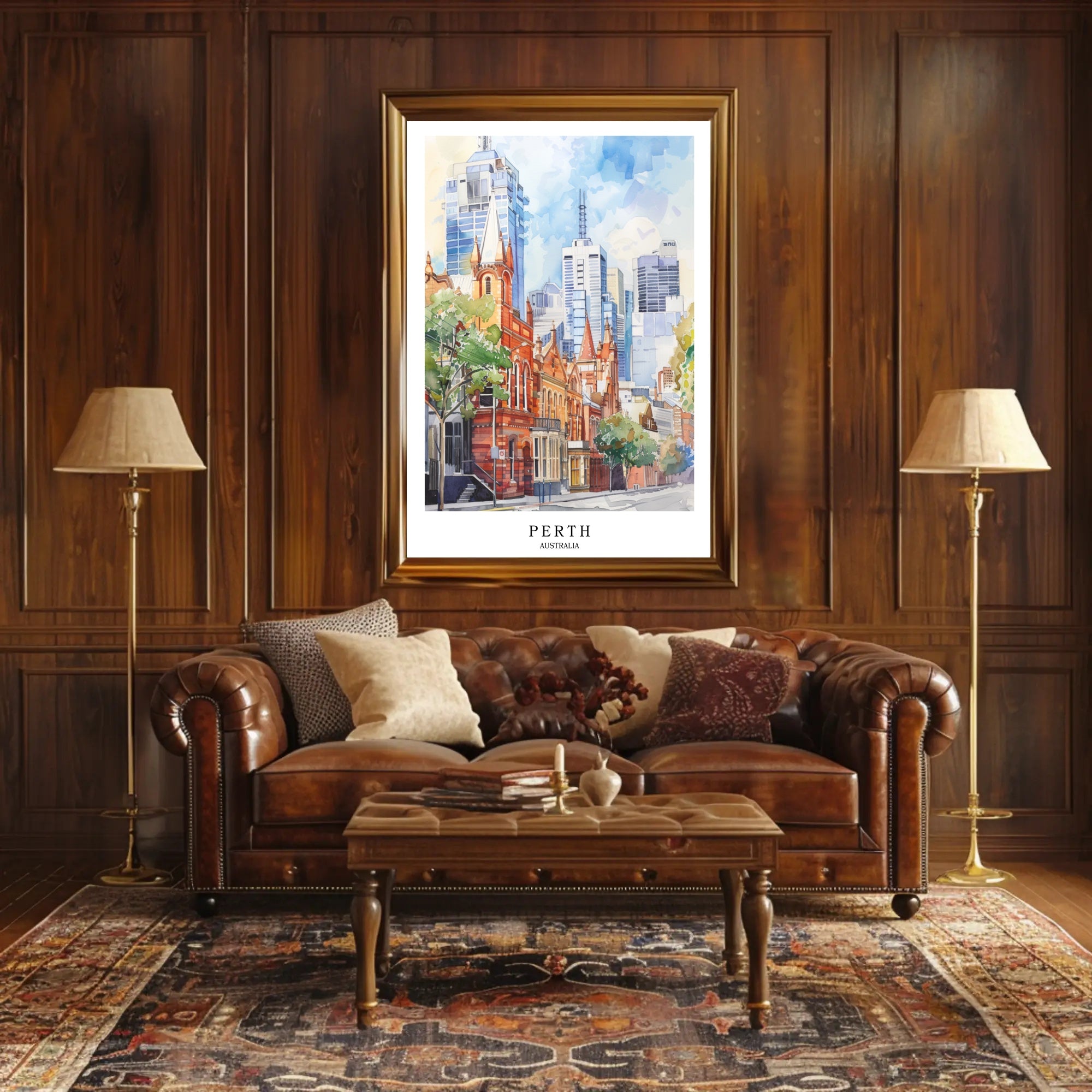 Perth Urban Scene Watercolor Artistry Urban or Cityscape Poster PosterGoat