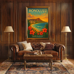 Honolulu Vintage Travel Poster Tropical Beachfront Art