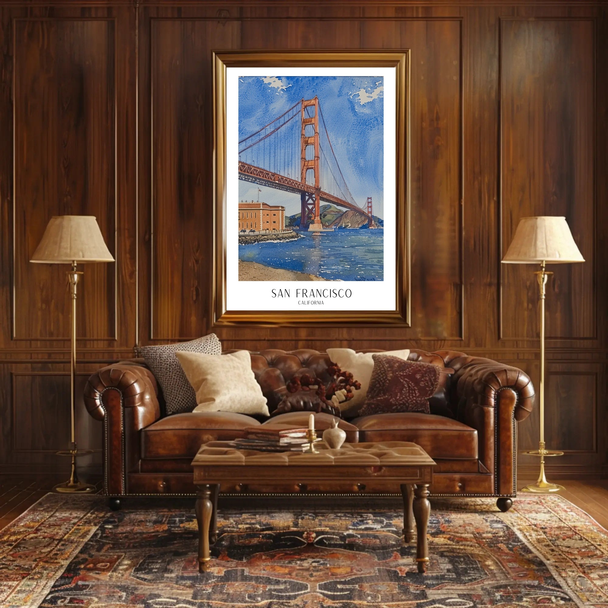 Golden Gate Bridge Watercolor Urban or Cityscape Poster PosterGoat
