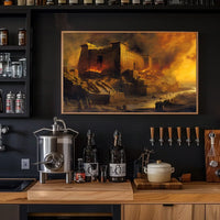 Ancient Temple Ablaze: Mythical Destruction Art Poster