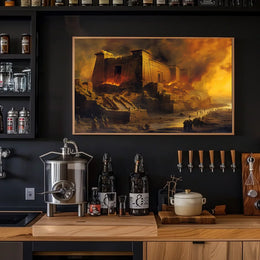 Ancient Temple Ablaze: Mythical Destruction Art Poster