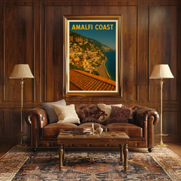 Amalfi Coast Poster Blue Mediterranean Coastal Wall Art