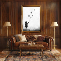 Child Releasing Star Balloons Silhouetted Artwork Poster