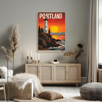 Portland Vintage Poster - Lighthouse at Sunset