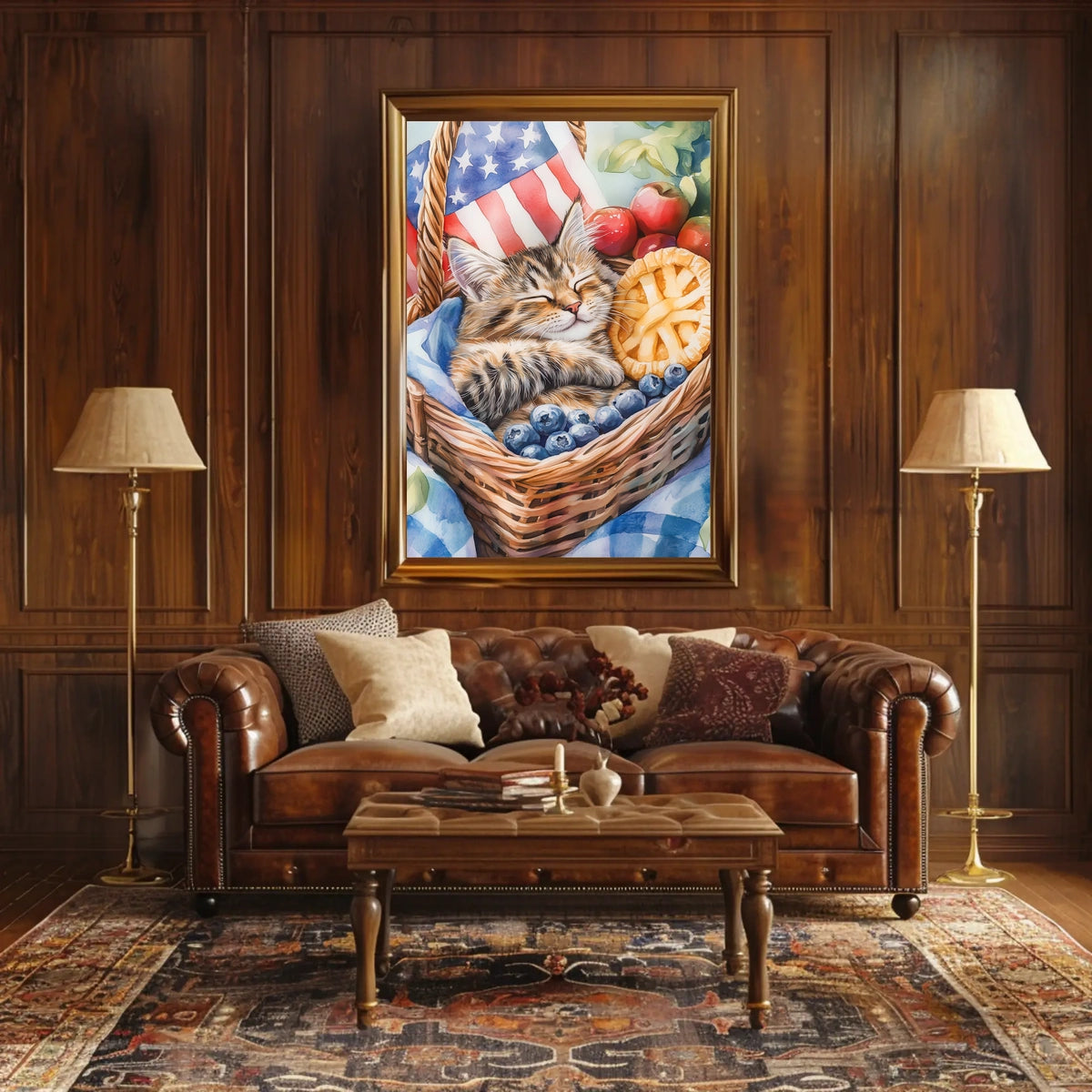 Fluffy Tabby Cat Sleeping In Basket With Fruit Poster