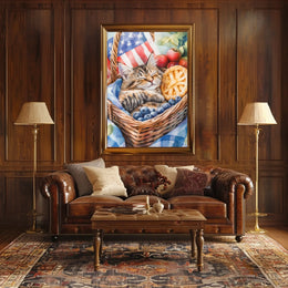 Fluffy Tabby Cat Sleeping In Basket With Fruit Poster