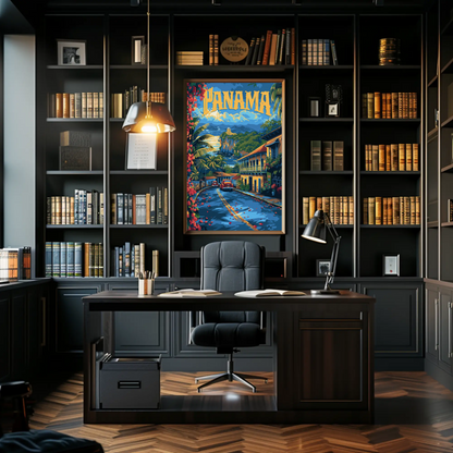 Panama Coastal Cliffs Village Retro Street View Travel Poster