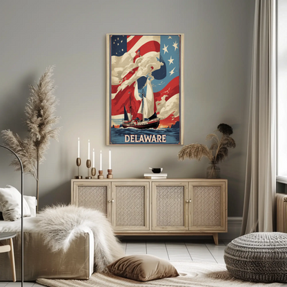 Delaware Sailboat Flag Sky Vintage Travel Poster