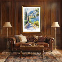 Kefalonia Coastal Village Watercolor Travel Poster PosterGoat