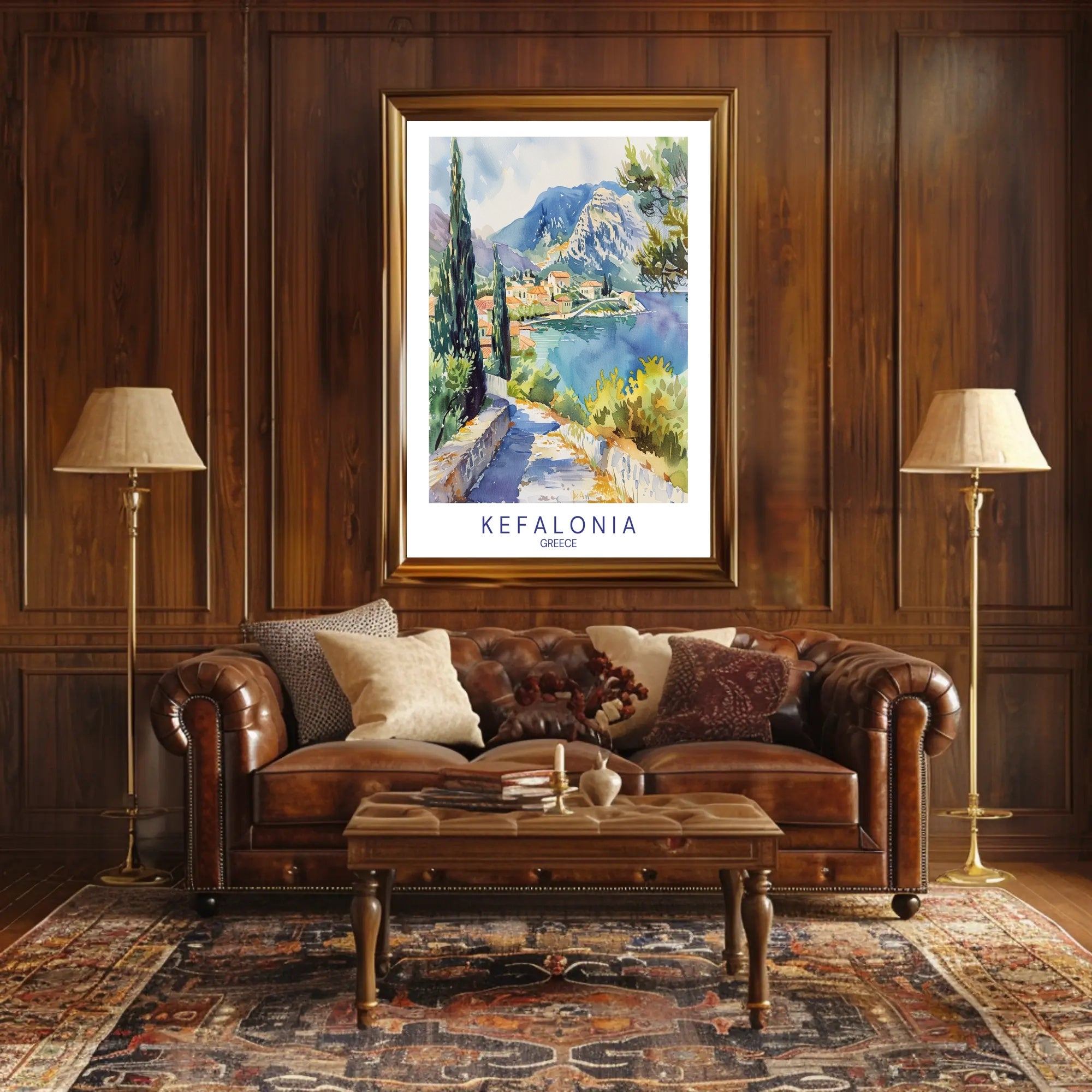 Kefalonia Coastal Village Watercolor Travel Poster PosterGoat