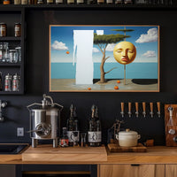 Surreal Coastal Dreamscape with Golden Mask Artistic Poster