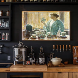 Serene Domestic Scene in Blue Robe Artistic Poster