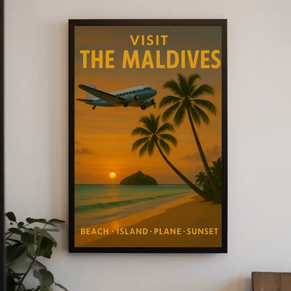 Visit Maldives Island Paradise Sunset Plane Travel Poster