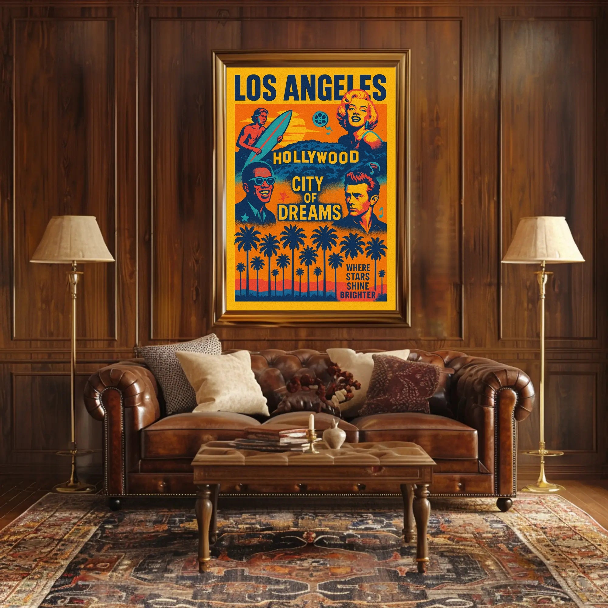 The poster is a vibrant tribute to Los Angeles, specifically highlighting Hollywood as Travel Poster