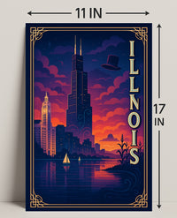 Illinois Skyline at Sunset: Captivating Travel Poster