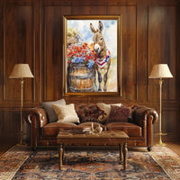 Cheerful Donkey Beside Barrel Surrounded By Flowers Poster