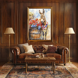 Cheerful Donkey Beside Barrel Surrounded By Flowers Poster