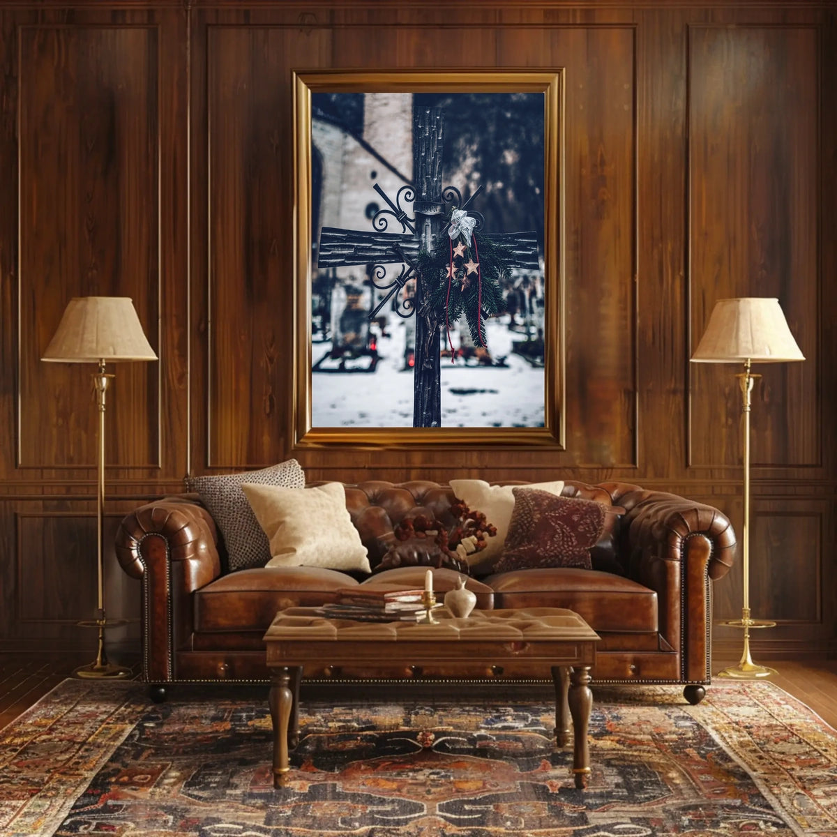 Winter Cemetery Scene with Wreath and Cross Poster