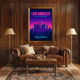 Neon Los Angeles Skyline Retro-Futuristic Urban or Cityscape Poster