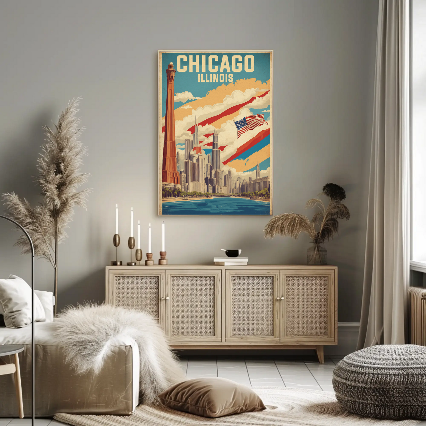 Chicago Illinois Skyline American Flag Cityscape Vintage Travel Poster