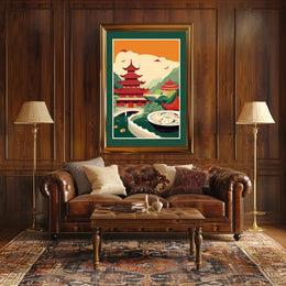 Title: Serene Asian Landscape with Culinary Fusion Poster