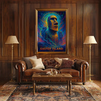 The poster showcases Easter Island, with a focus on the iconic Moai statues, Travel Poster
