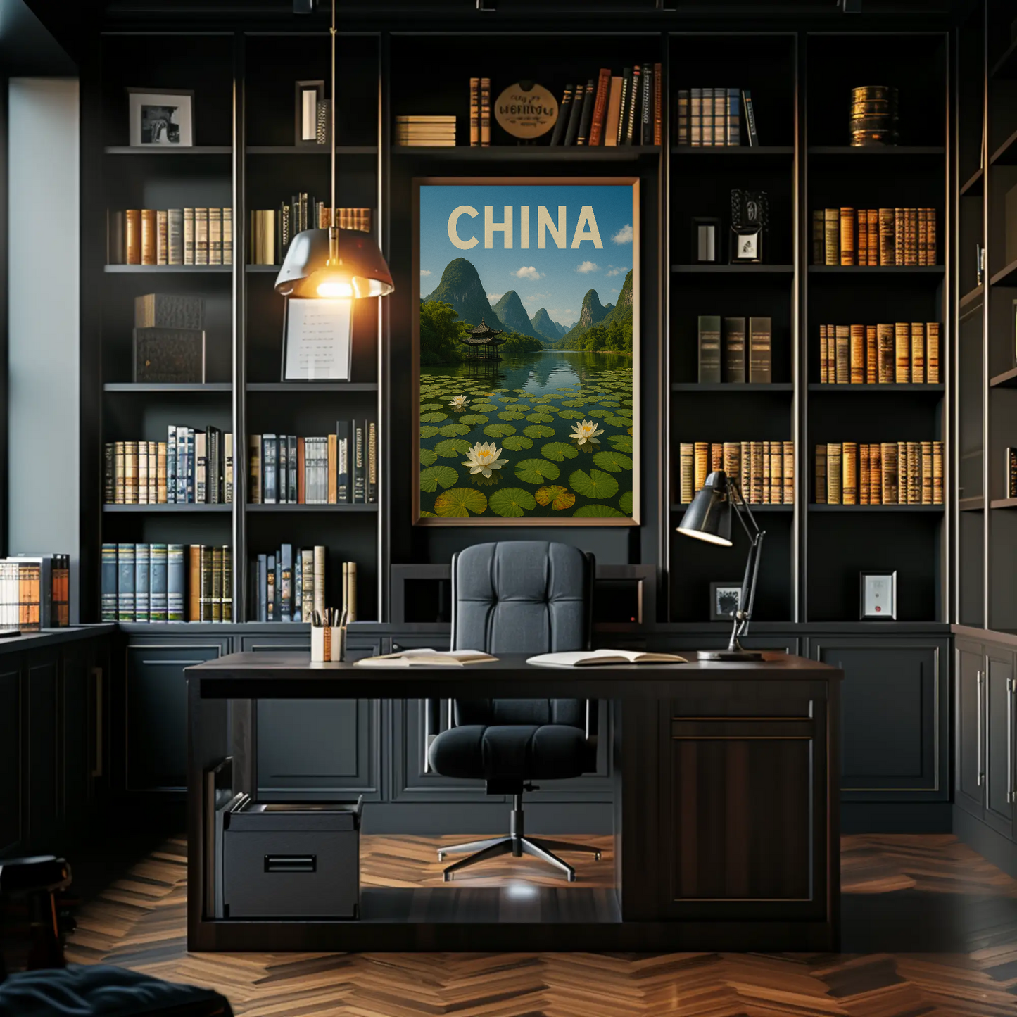 China Lotus Lake Mountains Pavilion Vintage Travel Poster
