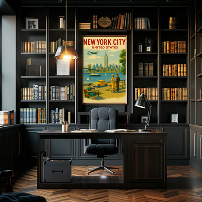 New York City 1950s Skyline Brooklyn Bridge Travel Poster