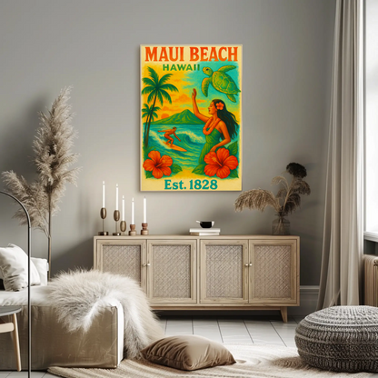 Maui Beach Hawaii Surf Dancer Est 1828 Vintage Travel Poster