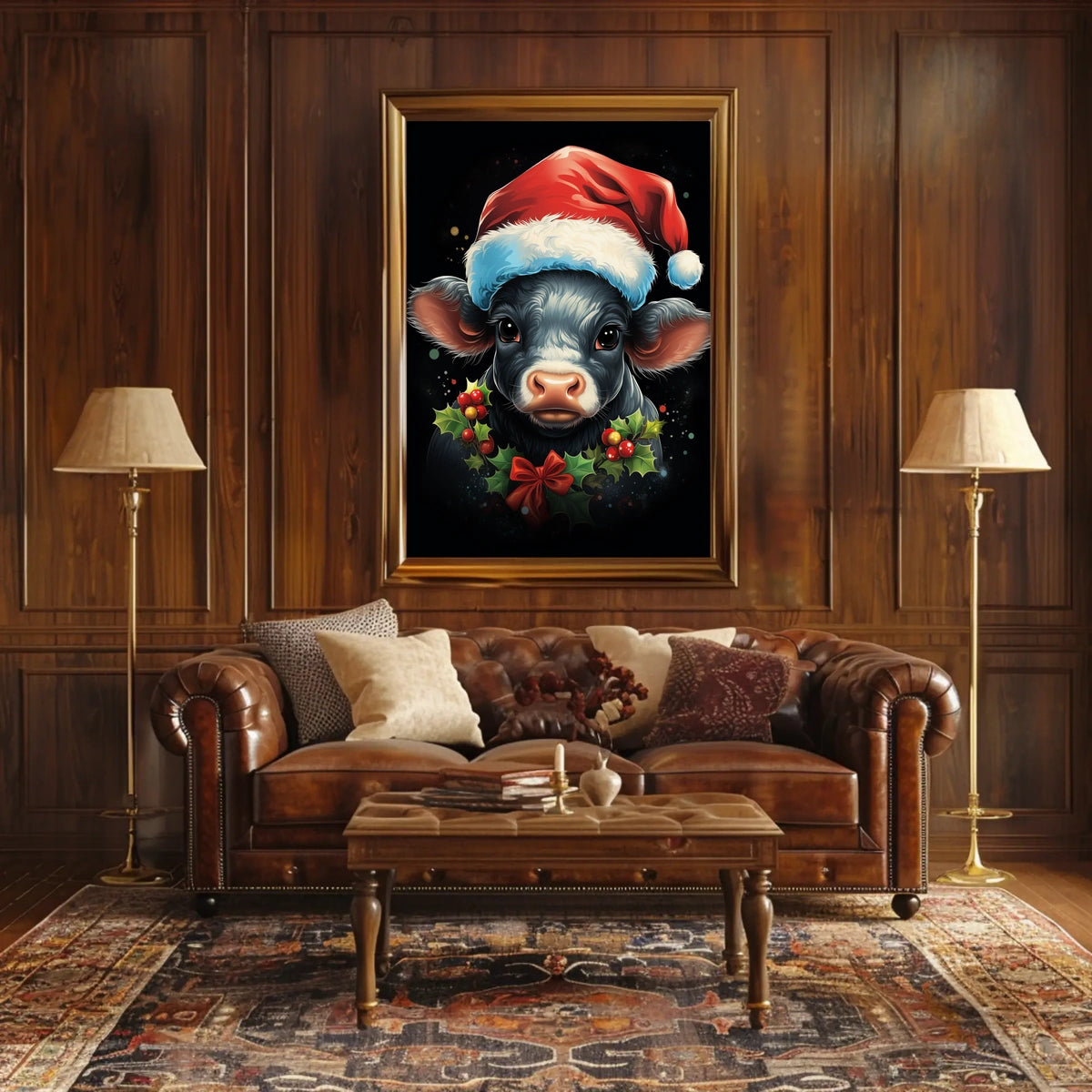 Festive Calf Christmas Poster with Santa Hat