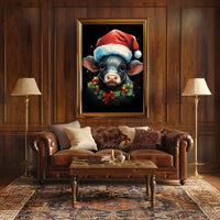 Festive Calf Christmas Poster with Santa Hat