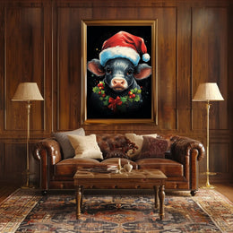 Festive Calf Christmas Poster with Santa Hat