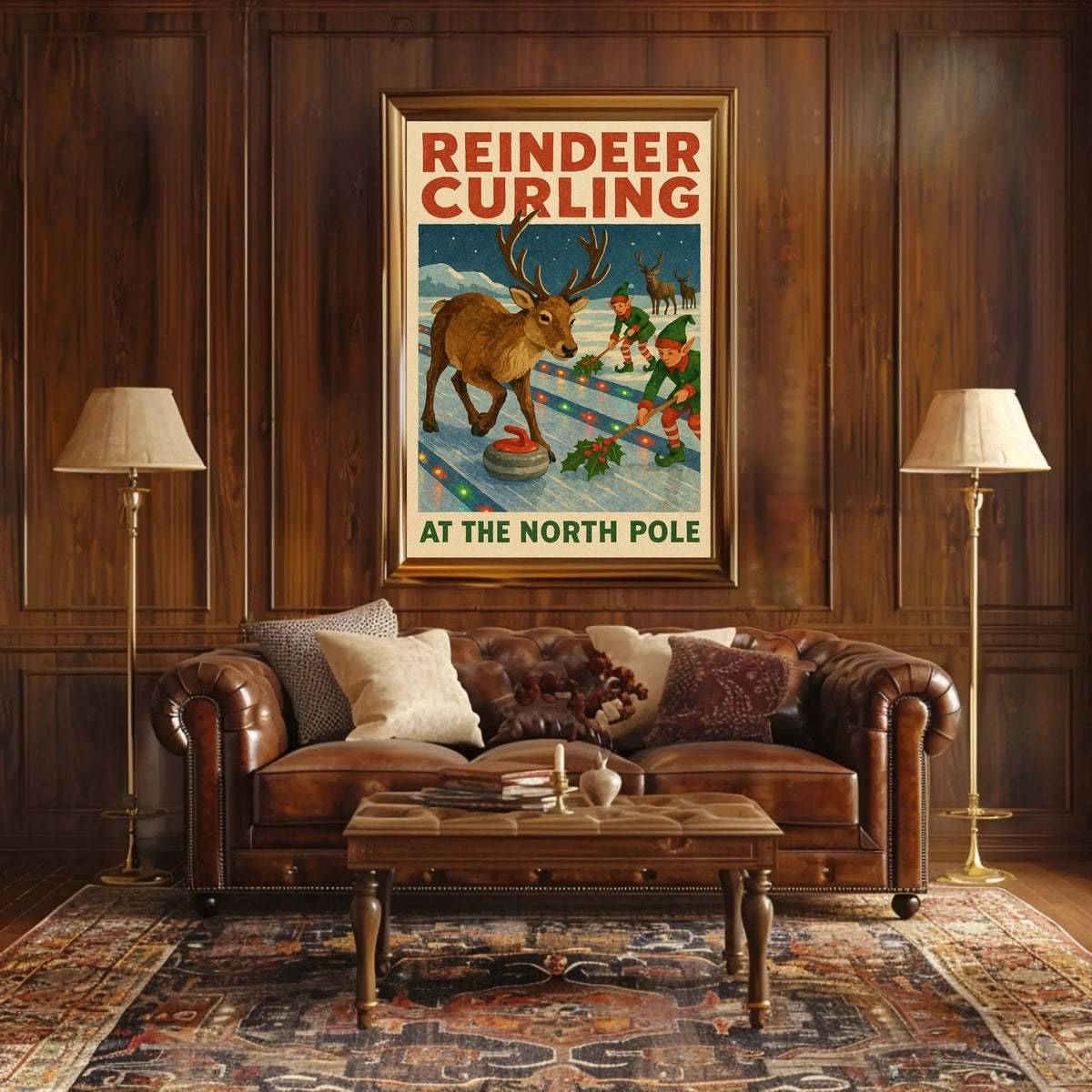 Reindeer Curling at the North Pole Poster