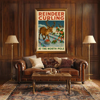 Reindeer Curling at the North Pole Poster