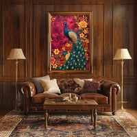 Majestic Peacock Amidst Lush Blooms: Artistic Animal Poster