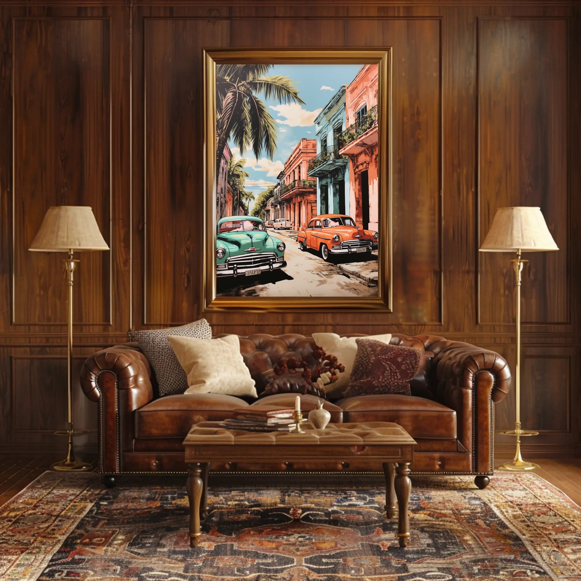 Vintage Cars In A Tropical Street Poster