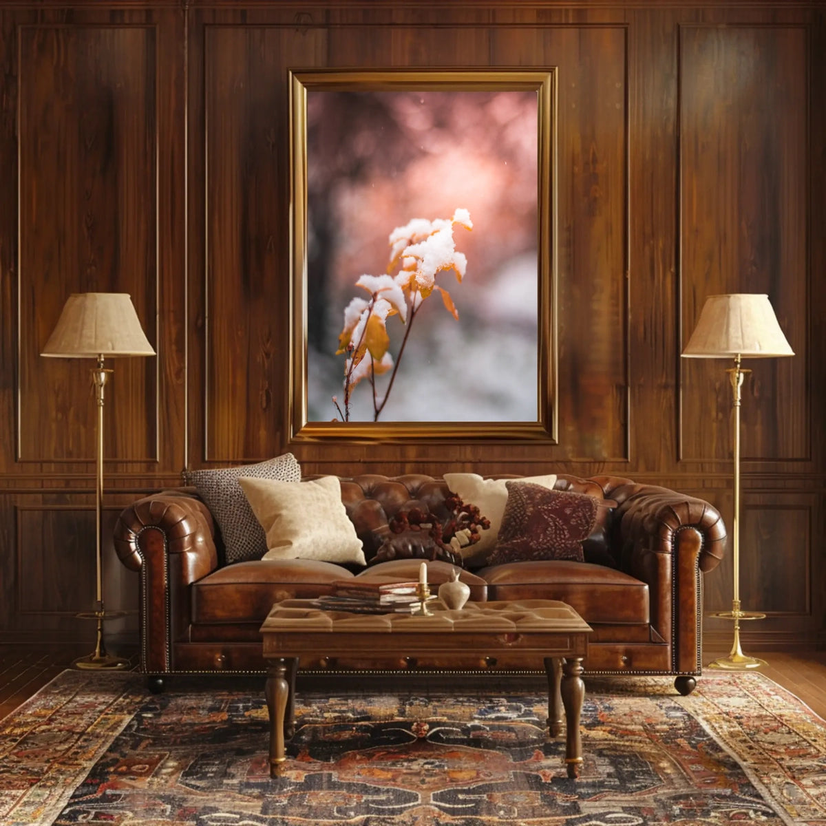 Snow-Kissed Autumn Leaves Poster